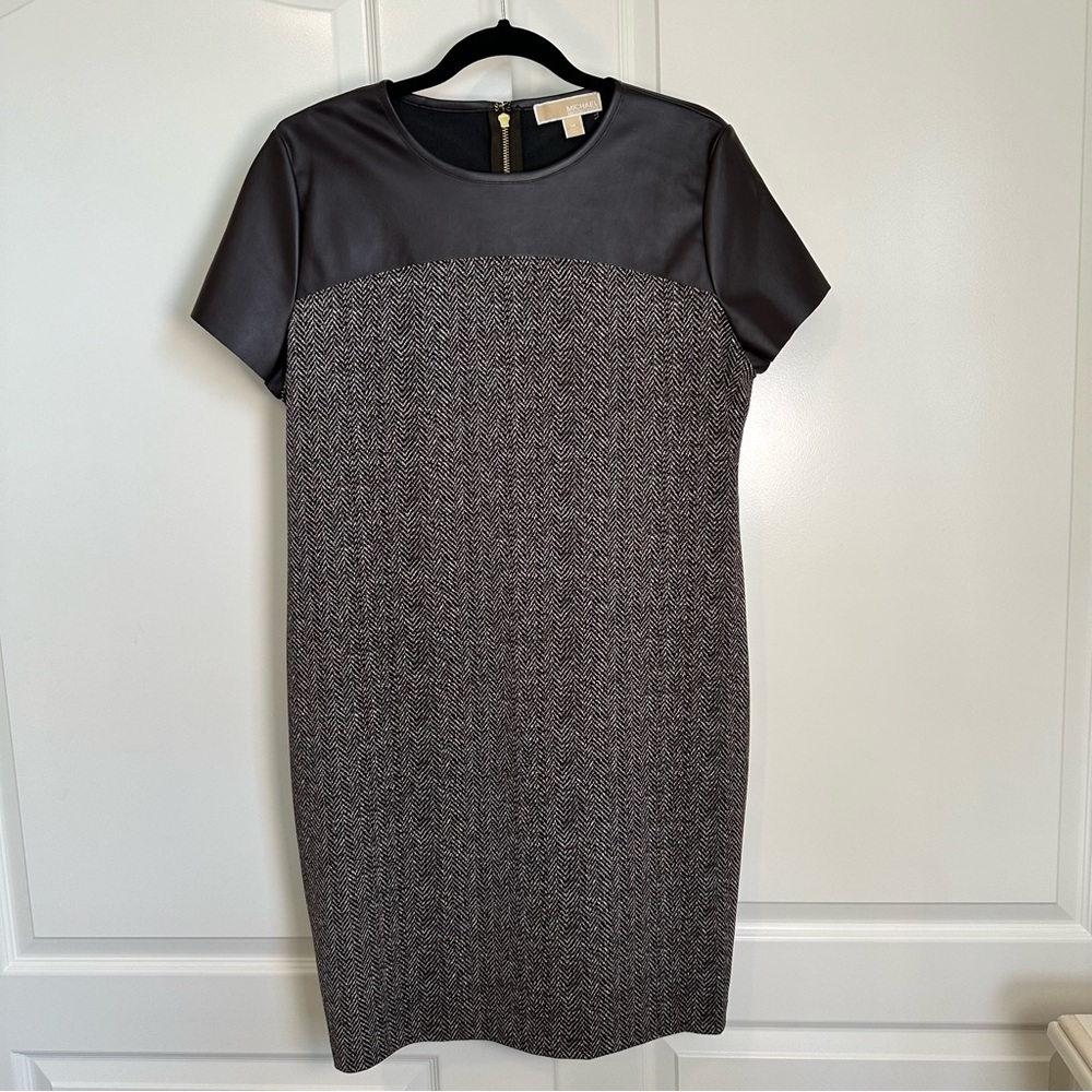 Women’s Brown Herringbone Shift Dress with Black Faux-Leather Yoke